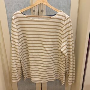 Talbots Cream & Tan Striped Boatneck Long Sleeve Top